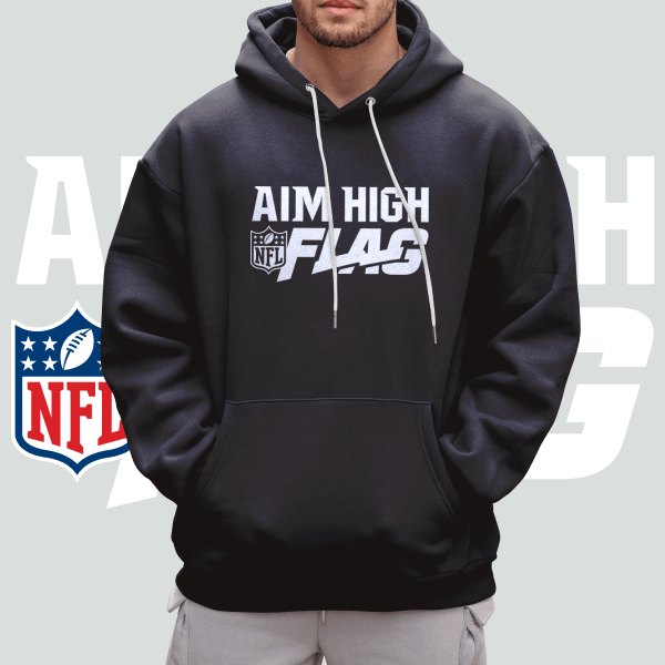 Model wearing a black pullover hoodie with the white Aim High Flag logo on the chest
