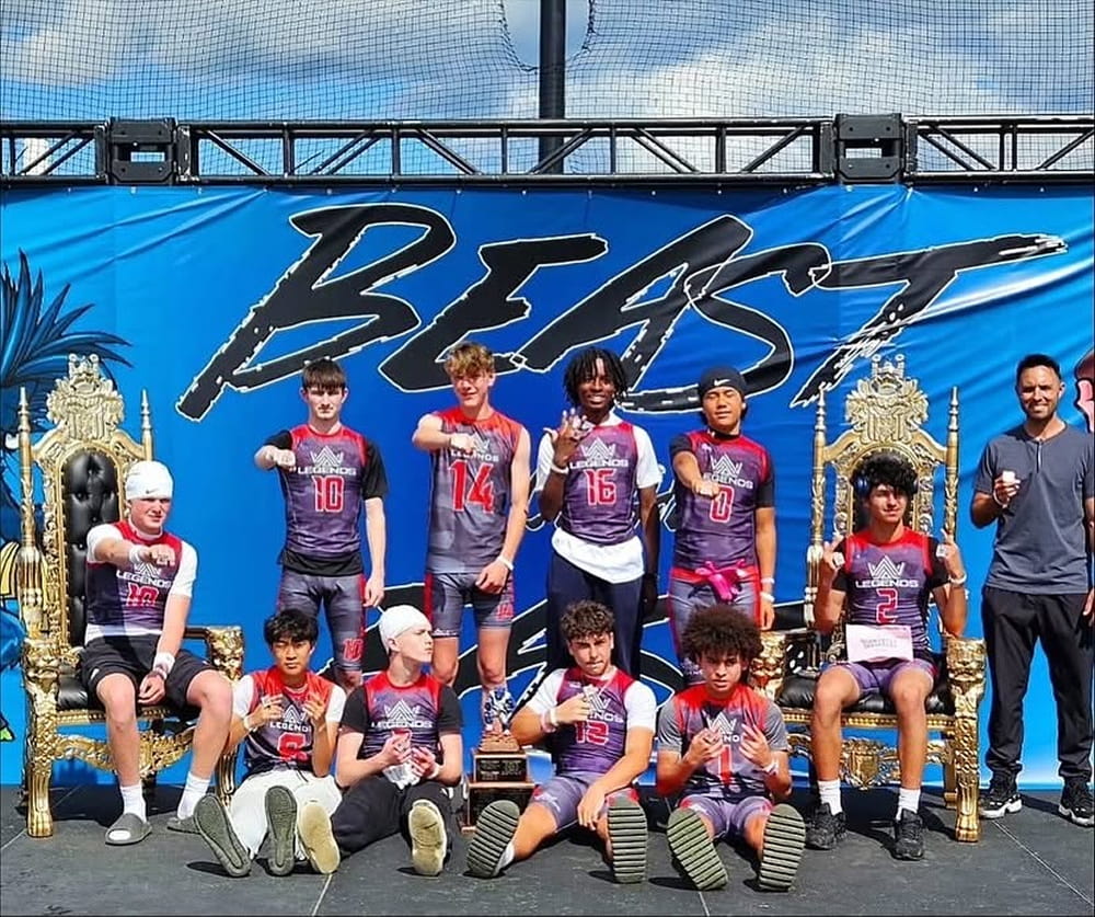 Aim High Legends team photo on the thrones at Beast of the East
